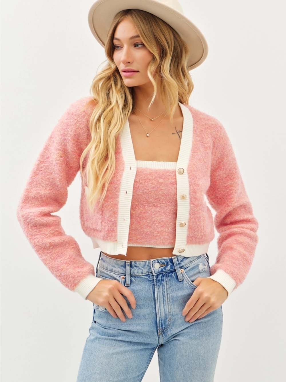 NWT Set - Elegant Wool Blend Fuzzy Tube and Cardigan - Pink